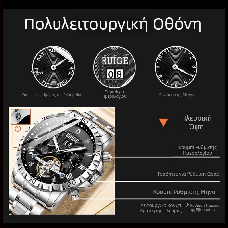 Κλασικό κοίλο αυτόματο μηχανικό ρολόι ανδρών από ανοξείδωτο ατσάλι με σφόνδυλο, διάσημο ρολόι, αδιάβροχο, μόδα ανδρών