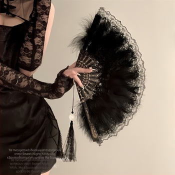 Βεντάλια Cheongsam με φτερό σε αρχαίο στυλ, πτυσσόμενη γυναικεία βεντάλια Hanfu για την Πρωτοχρονιά, μαύρη δαντελένια βεντάλια χορού, ρετρό κινέζικο στυλ