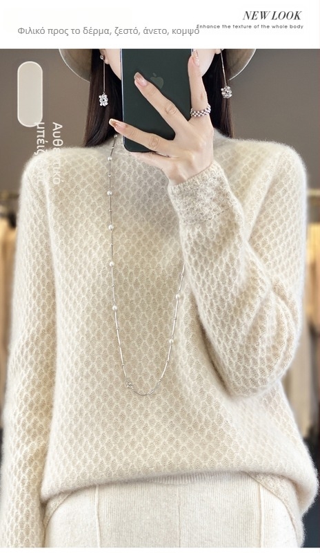 Πουλόβερ από 100% καθαρό μαλλί με ημι-ψηλό γιακά Heavy Industry Honeycomb Needle, γυναικείο νέο πλεκτό πουλόβερ με μακριά μανίκια, χαλαρό πουκάμισο σε all-match βάση