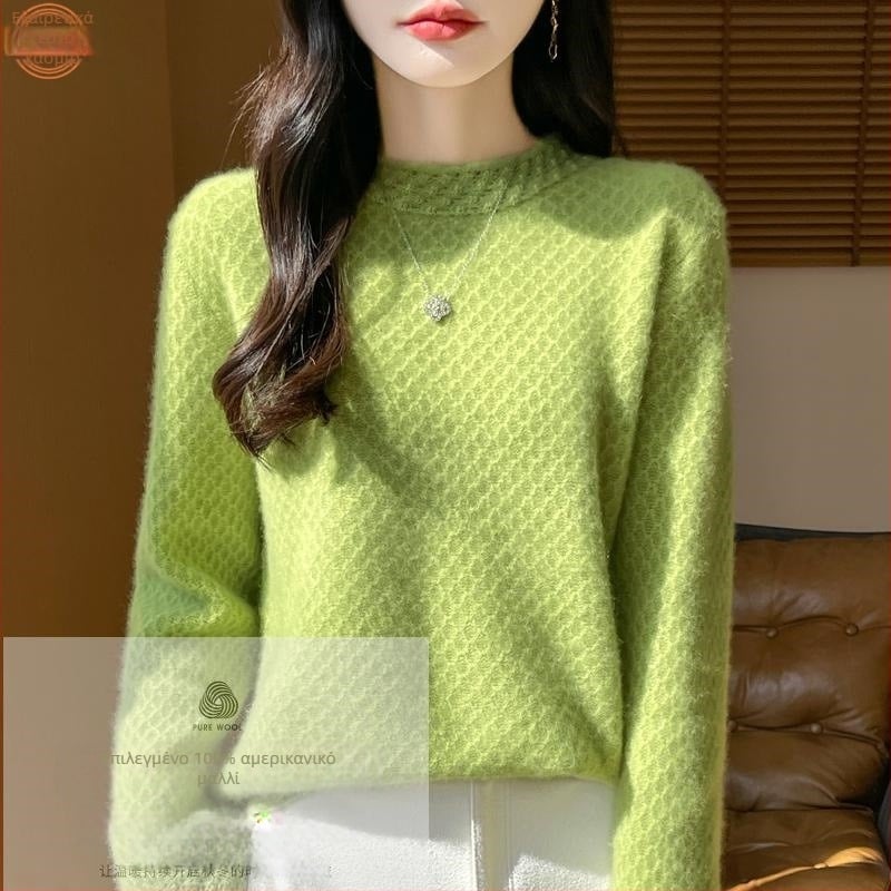 Πουλόβερ από 100% καθαρό μαλλί με ημι-ψηλό γιακά Heavy Industry Honeycomb Needle, γυναικείο νέο πλεκτό πουλόβερ με μακριά μανίκια, χαλαρό πουκάμισο σε all-match βάση