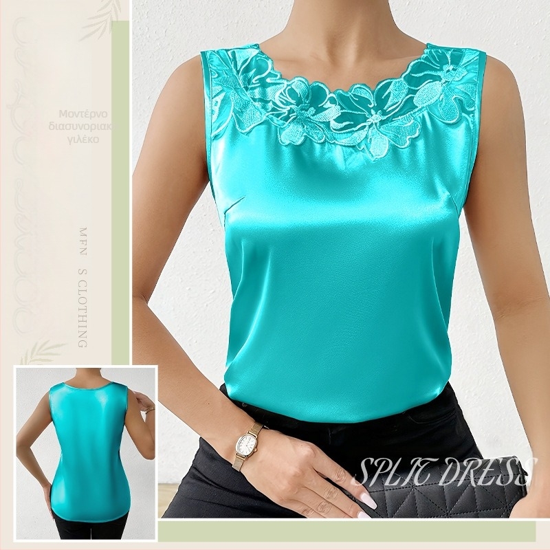 Γυναικείο Φόρεμα Εσωτερικής Χρήσης από Δαντέλα, Άνοιξη και Καλοκαίρι 2025, Νέα, Απομίμηση Μεταξωτού Σατέν, Αμάνικο Σλιπ, Εξωτερικό Μπλούζα