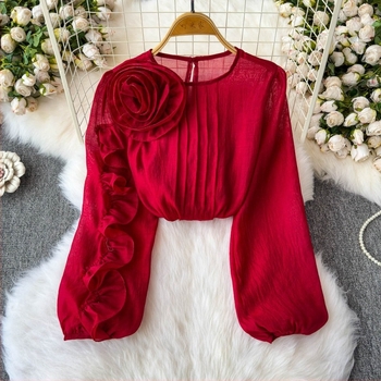 Πουκάμισο Γαλλικού Τύπου, Άνοιξη 2025, Νέο, Υψηλής Ποιότητας, Τρισδιάστατο, Χαλαρό Αδυνάτισμα, Μπλούζα με Λουλούδια και Πλέγμα