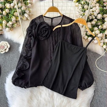 Πουκάμισο Γαλλικού Τύπου, Άνοιξη 2025, Νέο, Υψηλής Ποιότητας, Τρισδιάστατο, Χαλαρό Αδυνάτισμα, Μπλούζα με Λουλούδια και Πλέγμα