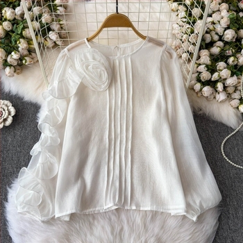 Πουκάμισο Γαλλικού Τύπου, Άνοιξη 2025, Νέο, Υψηλής Ποιότητας, Τρισδιάστατο, Χαλαρό Αδυνάτισμα, Μπλούζα με Λουλούδια και Πλέγμα