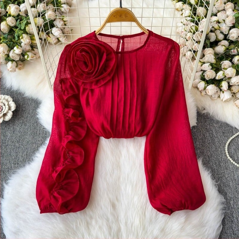 Πουκάμισο Γαλλικού Τύπου, Άνοιξη 2025, Νέο, Υψηλής Ποιότητας, Τρισδιάστατο, Χαλαρό Αδυνάτισμα, Μπλούζα με Λουλούδια και Πλέγμα