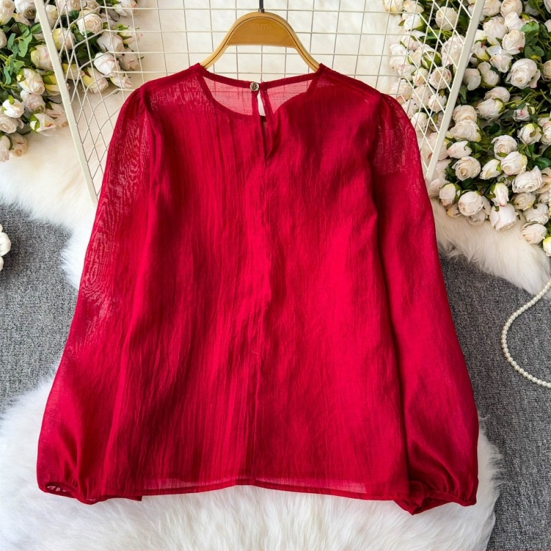 Πουκάμισο Γαλλικού Τύπου, Άνοιξη 2025, Νέο, Υψηλής Ποιότητας, Τρισδιάστατο, Χαλαρό Αδυνάτισμα, Μπλούζα με Λουλούδια και Πλέγμα