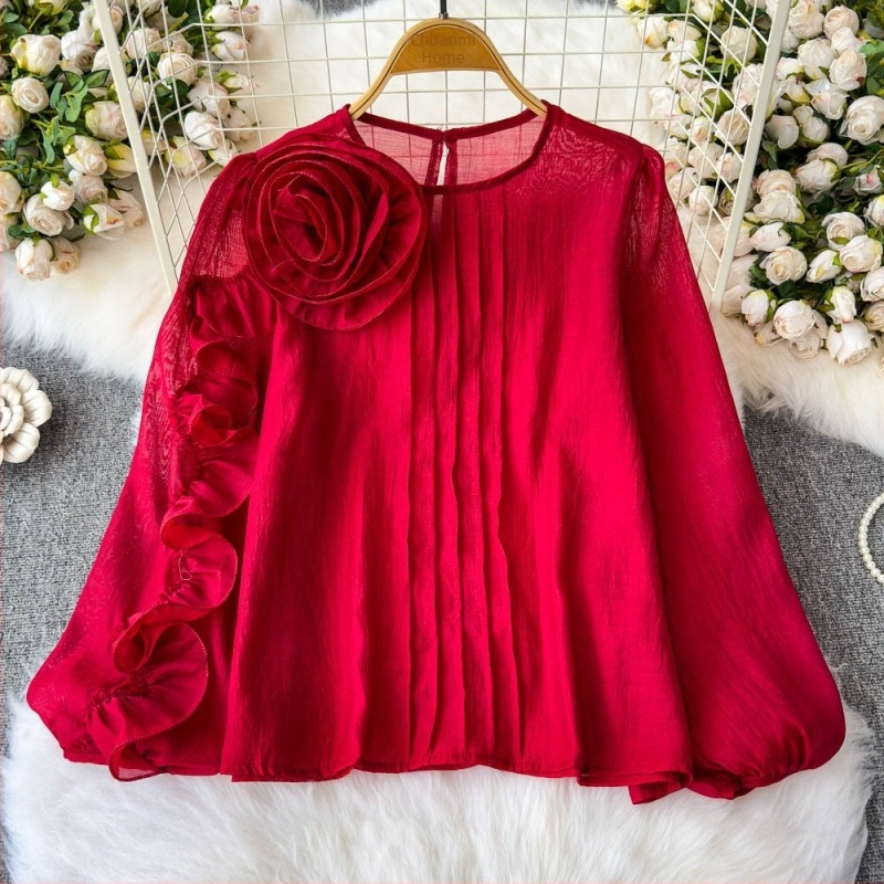 Πουκάμισο Γαλλικού Τύπου, Άνοιξη 2025, Νέο, Υψηλής Ποιότητας, Τρισδιάστατο, Χαλαρό Αδυνάτισμα, Μπλούζα με Λουλούδια και Πλέγμα