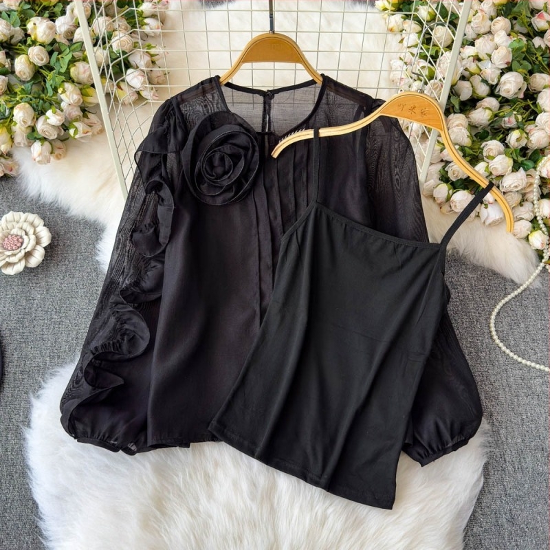 Πουκάμισο Γαλλικού Τύπου, Άνοιξη 2025, Νέο, Υψηλής Ποιότητας, Τρισδιάστατο, Χαλαρό Αδυνάτισμα, Μπλούζα με Λουλούδια και Πλέγμα