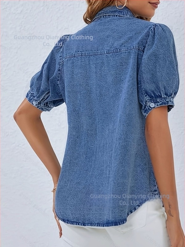 Διασυνοριακές Εξαγωγές Πολυχρηστικό Τζιν Μπλούζα με Λεπτό Πέτο, Φουσκωτό Μανίκι, Ebay, Amazon, Νέα Τάση για Casual Πουκάμισα