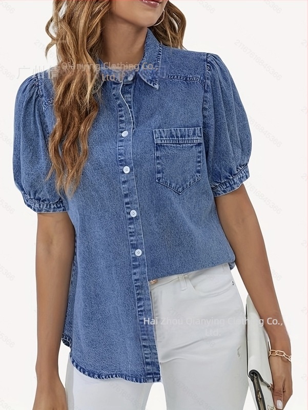 Διασυνοριακές Εξαγωγές Πολυχρηστικό Τζιν Μπλούζα με Λεπτό Πέτο, Φουσκωτό Μανίκι, Ebay, Amazon, Νέα Τάση για Casual Πουκάμισα