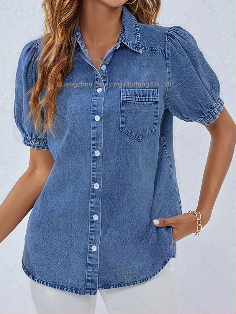 Διασυνοριακές Εξαγωγές Πολυχρηστικό Τζιν Μπλούζα με Λεπτό Πέτο, Φουσκωτό Μανίκι, Ebay, Amazon, Νέα Τάση για Casual Πουκάμισα