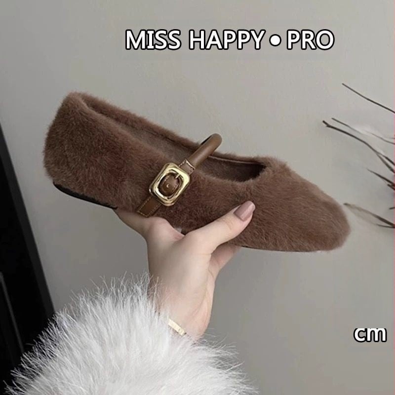 Γυναικεία παπούτσια Mink Mao Mao για χειμερινά ρούχα 2024, νέα κορεάτικα στυλ, μαλακά, επίπεδα, ζεστά παπούτσια Mary Jane με επένδυση από φλις