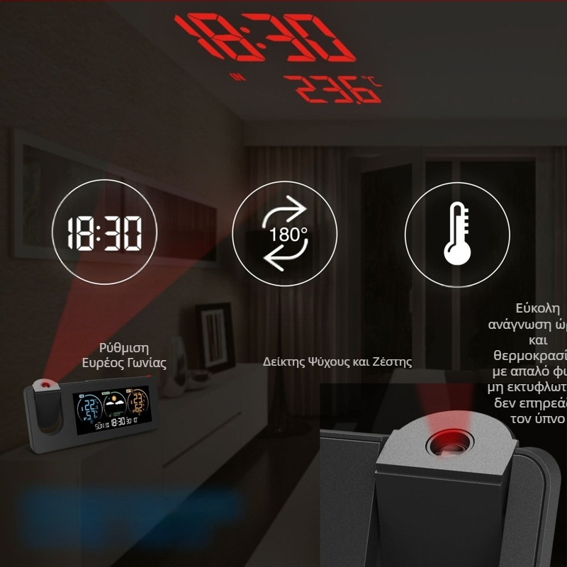 Νέο διασυνοριακό ηλεκτρονικό ρολόι προβολής, ημερολόγιο αέναης ροής, μετεωρολογικός σταθμός, πρόγνωση καιρού, θερμοκρασία, υγρασία, έγχρωμη οθόνη, ψηφιακό ξυπνητήρι