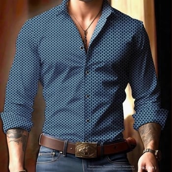 Gear Blue Printed T-shirt Διασυνοριακό Νέο Προϊόν Κουβανέζικο Κολάρο Casual Κοντό Μανίκι με Πέτο Εξωτερικού Εμπορίου Στυλ Ανδρικό 2025