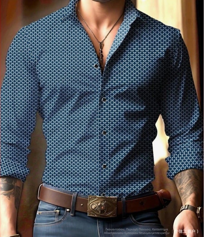 Gear Blue Printed T-shirt Διασυνοριακό Νέο Προϊόν Κουβανέζικο Κολάρο Casual Κοντό Μανίκι με Πέτο Εξωτερικού Εμπορίου Στυλ Ανδρικό 2025