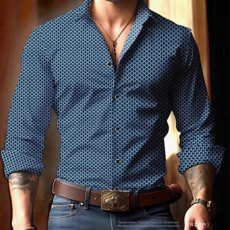 Gear Blue Printed T-shirt Διασυνοριακό Νέο Προϊόν Κουβανέζικο Κολάρο Casual Κοντό Μανίκι με Πέτο Εξωτερικού Εμπορίου Στυλ Ανδρικό 2025