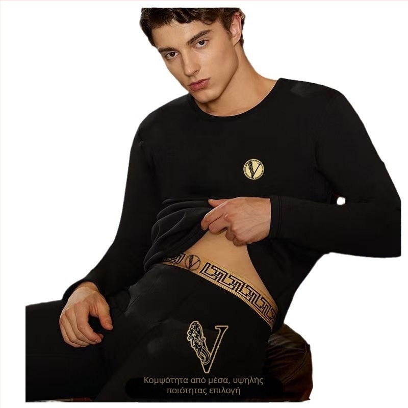 Πολυτελές ανδρικό σετ θερμικών εσωρούχων για το φθινόπωρο και τον χειμώνα, λεπτό πουκάμισο με βάση, με φλις επένδυση και χοντρό ύφασμα, στενή εφαρμογή για τον χειμώνα