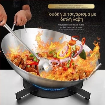 Τηγάνι από ανοξείδωτο ατσάλι για διασυνοριακή χρήση, αντικολλητικό τηγάνι για οικιακή χρήση, στρογγυλό κάτω μέρος χωρίς επίστρωση από σίδερο για οικιακή χρήση, τηγάνι διπλής λαβής κατάλληλο για τρόφιμα