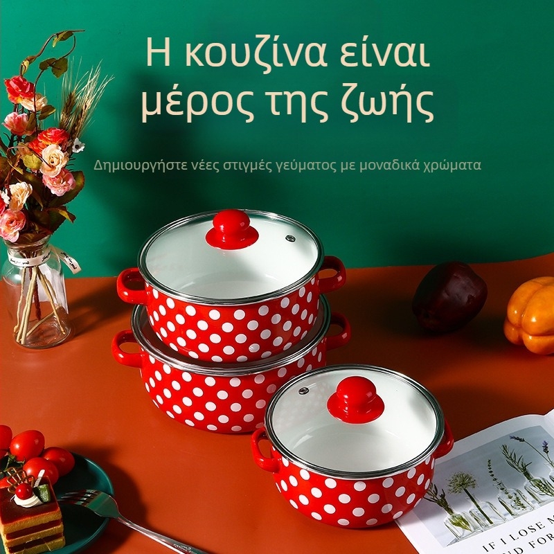 Σετ τριών τεμαχίων εμαγιέ κατσαρόλας με κόκκινο πάτο και λευκές κουκκίδες, σε σμάλτο, διασυνοριακής εκρηκτικής σούπας 671EDG