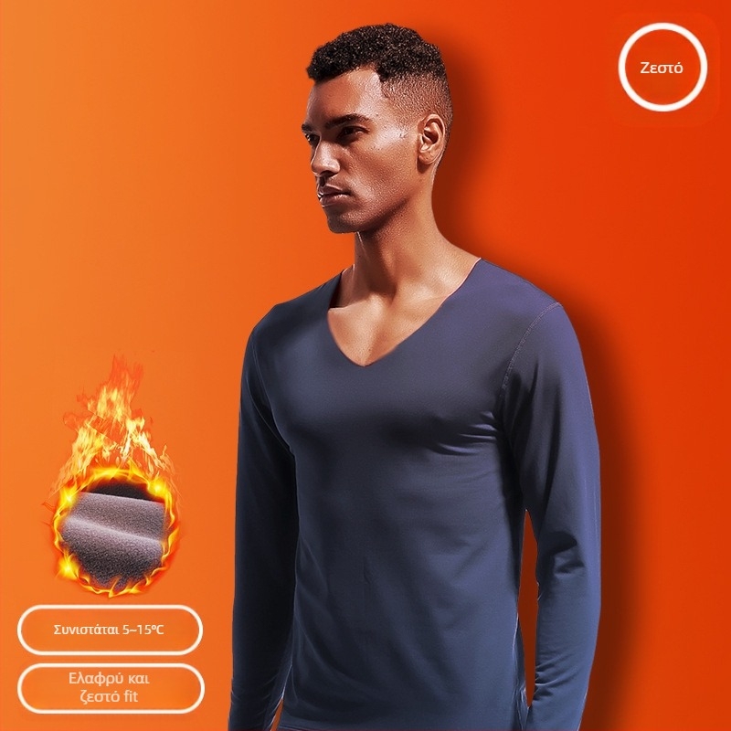 Ανδρικό Θερμικό Εσώρουχο χωρίς Ραφή με V-Neck, Χειμερινό, Στενή, Λεπτή Μπλούζα με Φόδρα από Φλις, Φθινοπωρινά Ρούχα, Βαμβακερό Πουλόβερ, Ανθεκτικό στο Κρύο
