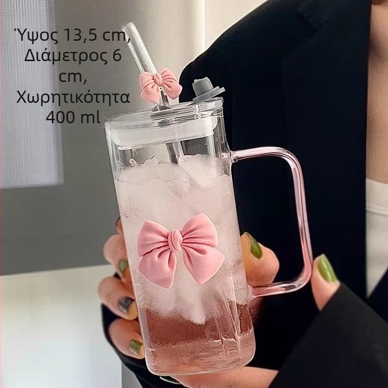 Τετράγωνο ποτήρι από γυαλί Ins Style με λαβή, υψηλή εμφάνιση, αντοχή σε υψηλή θερμοκρασία, χαριτωμένο ροζ ποτήρι από άχυρο νεράιδας