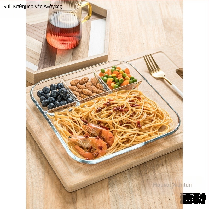 Πιάτο τριών μερών από σκληρυμένο γυαλί, πιάτο πρωινού, πιάτο φαγητού, πιάτο διαχωρισμού, πιάτο φρούτων, πολυλειτουργικό πιάτο πιάτων