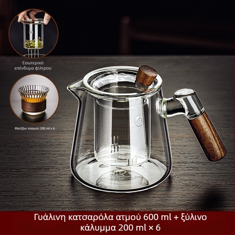 Βοροπυριτικό γυάλινο δοχείο piaoyi Κύπελλο υψηλής θερμοκρασίας ανθεκτικό στην τσαγιέρα τσαγιέρα διαχωρισμού τσαγιού ξύλινη λαβή τσαγιέρα λουλουδιών οικιακό σετ τσαγιού