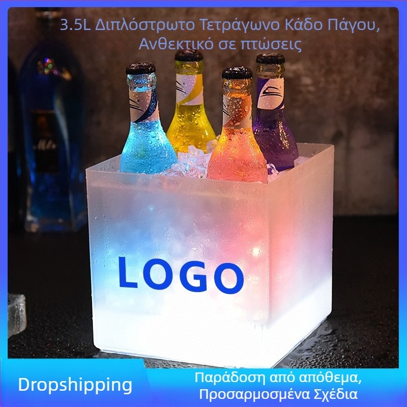 Τετράγωνο διπλής στρώσης πλαστικό με ματ PP, φωτεινός κουβάς πάγου, μικρός κουβάς πάγου σαμπάνιας με μπαταρία 3,5 λίτρων