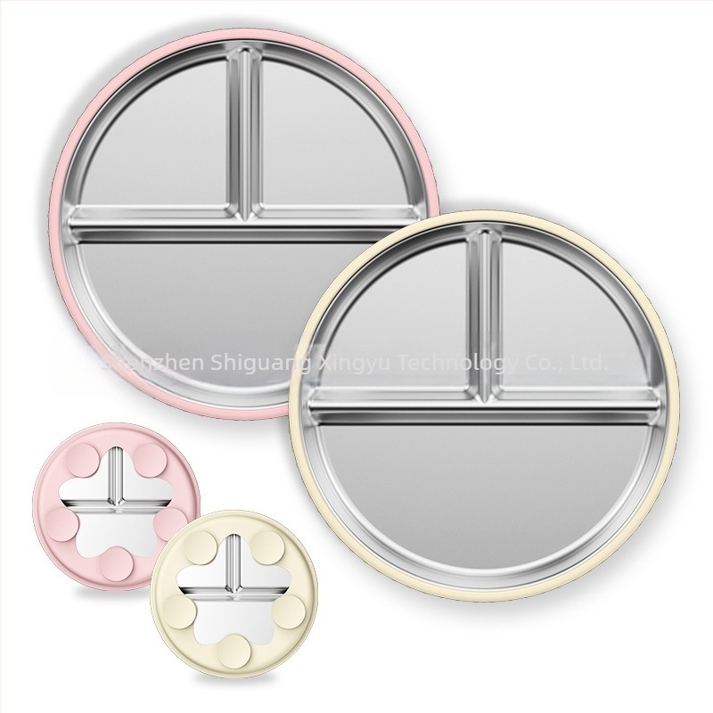 Παιδικό πιάτο φαγητού, μικρό σετ επιτραπέζιων σκευών, σιλικόνης, κατάλληλο για τρόφιμα, αφαιρούμενο πιάτο φαγητού από ανοξείδωτο ατσάλι 304, αντιολισθητικό με βεντούζα