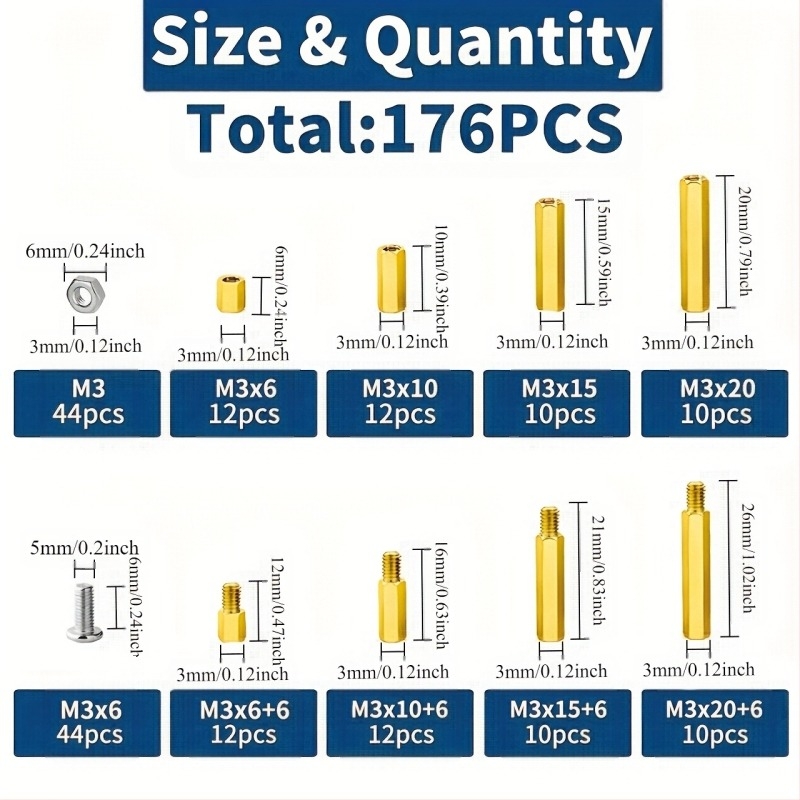 Εξαγωνική βίδα από ορείχαλκο μονής και διπλής διέλευσης από χάλκινο κοστούμι με στρογγυλή κεφαλή Phillips, μικτή διασυνοριακή βίδα 176 τεμαχίων σε κουτί