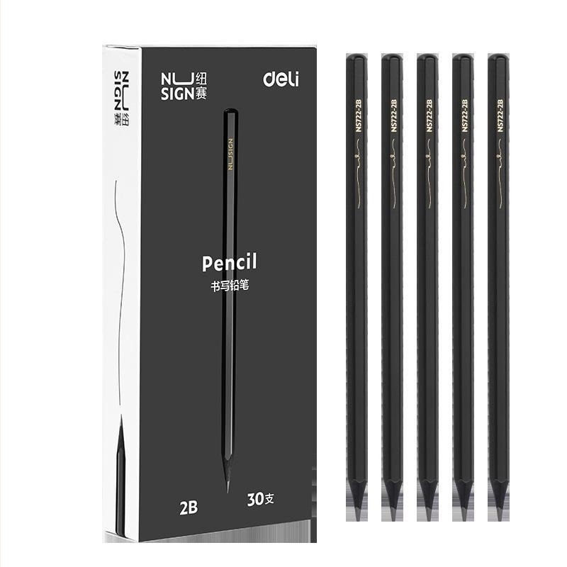 Μολύβι γραφής Deli New Sai Black Wood Hexagon Rod 2B με πυρήνα γραφίτη HB Black Super High Color Value (30 τεμάχια/κουτί)