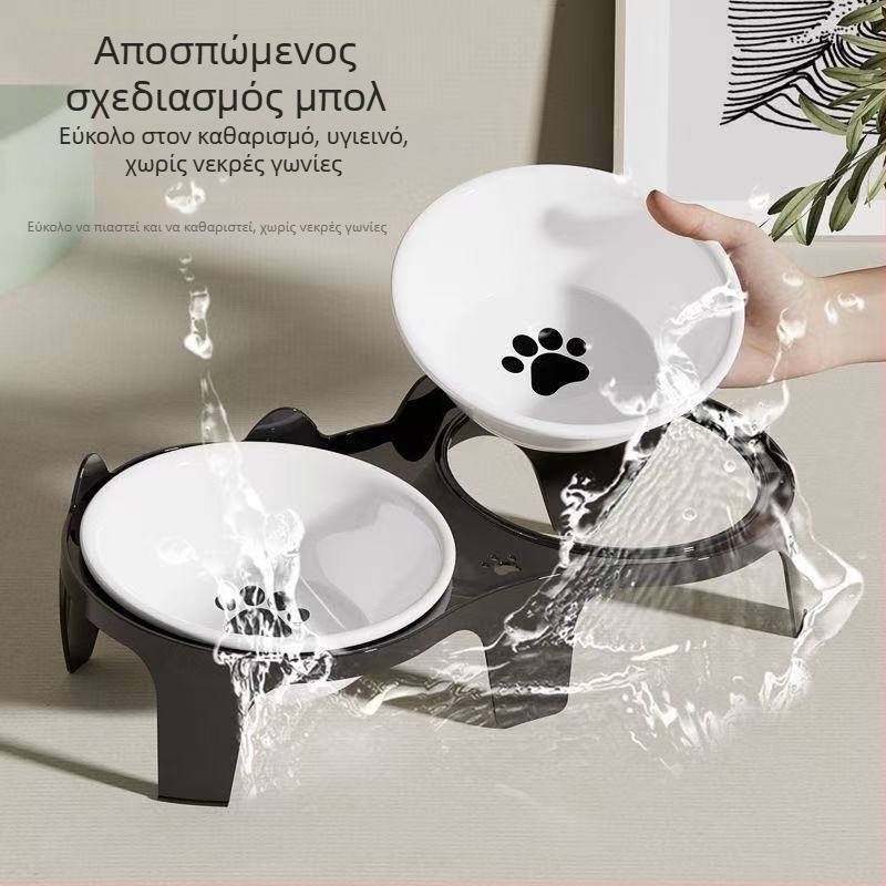 Μπολ για γάτα, Μπολ τροφής για γάτες, Κεραμικό μπολ ρυζιού για γάτες, Διπλό μπολ με κεκλιμένο στόμα για προστασία της αυχενικής μοίρας της σπονδυλικής στήλης και αποτροπή ανατροπής, Μπολ για πόσιμο νερό και τάισμα σκύλου