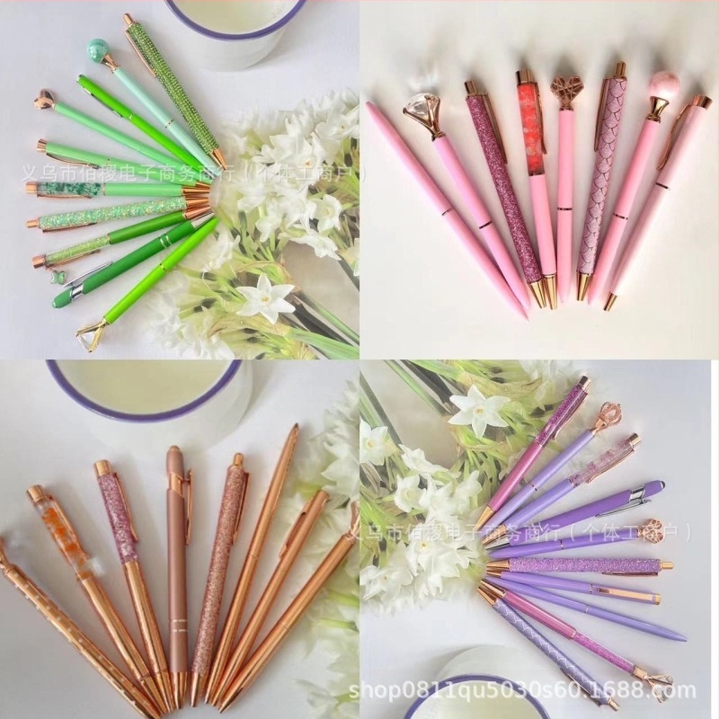 Σετ 10 στυλό με στρας και μπριγιάν, αστείο στυλό, ροζ χρυσό, μωβ, πράσινο, στρογγυλές χάντρες για κορίτσια