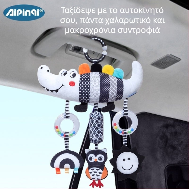 Aipinqi νέο παζλ άνεσης αυτοκινήτου 0-3 ετών κρεμαστό μαύρο και άσπρο κουδούνι με ζώα για μωρά, κρεμαστά λούτρινα παιχνίδια αυτοκινήτου