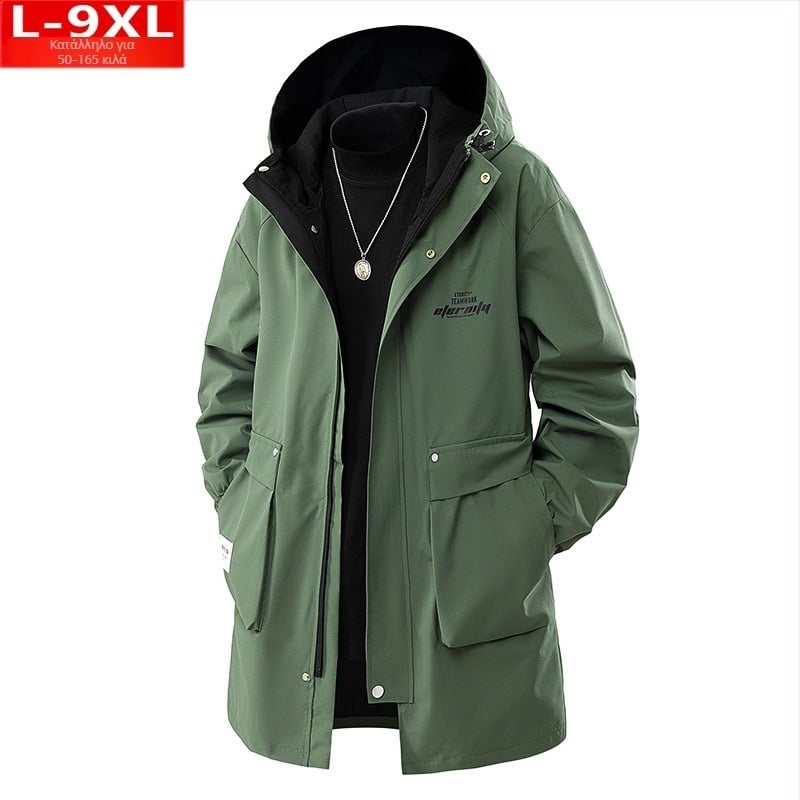 Μοντέρνα Ανδρικά Ρούχα Ποιότητας Άνοιξης και Φθινοπώρου Όμορφο Παλτό με Κουκούλα σε Όλα τα Χρώματα, Χοντρό Ανδρικό, Επιπλατινωμένο, Ριχτό Μπουφάν μεσαίου Μήκους, Plus Size