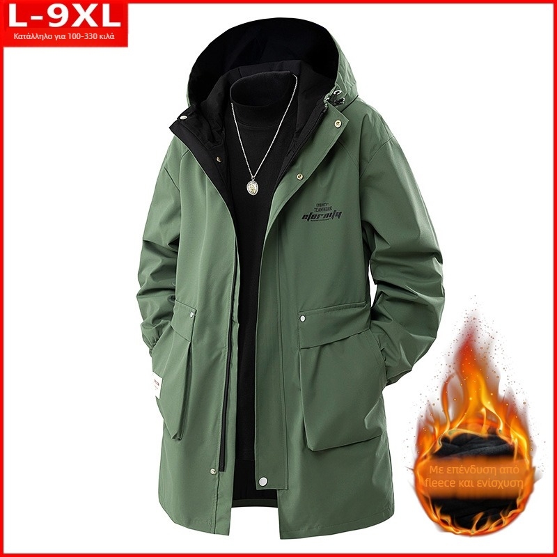 Μοντέρνα Ανδρικά Ρούχα Ποιότητας Άνοιξης και Φθινοπώρου Όμορφο Παλτό με Κουκούλα σε Όλα τα Χρώματα, Χοντρό Ανδρικό, Επιπλατινωμένο, Ριχτό Μπουφάν μεσαίου Μήκους, Plus Size