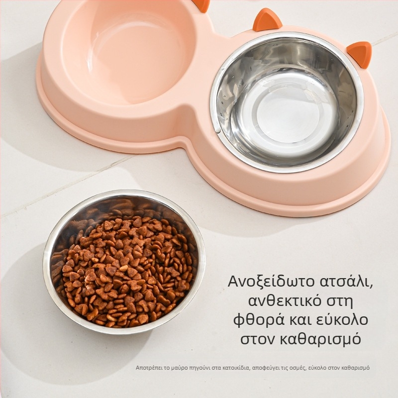 Αυτιά γάτας από ανοξείδωτο ατσάλι Μπολ για κατοικίδια, μπολ για σκύλους, μπολ για γάτες, μπολ με τροφή για σκύλους, μπολ με τροφή για γάτες, φαγητά και ποτά για σκύλους και γάτες, διπλό μπολ, επιτραπέζια σκεύη