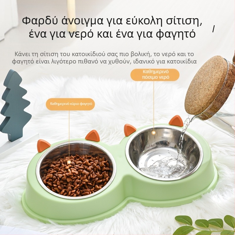 Αυτιά γάτας από ανοξείδωτο ατσάλι Μπολ για κατοικίδια, μπολ για σκύλους, μπολ για γάτες, μπολ με τροφή για σκύλους, μπολ με τροφή για γάτες, φαγητά και ποτά για σκύλους και γάτες, διπλό μπολ, επιτραπέζια σκεύη