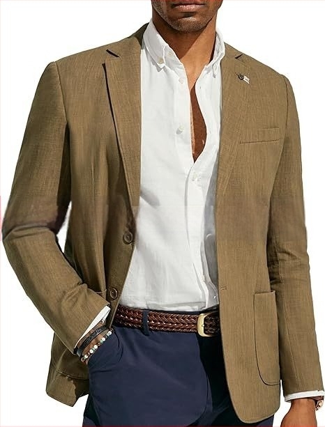 Amazon Ανδρικό Business Casual Λινό Κοστούμι Μονόχρωμο Στενή Εφαρμογή Μπουφάν Γάμου και Χορού στην Παραλία