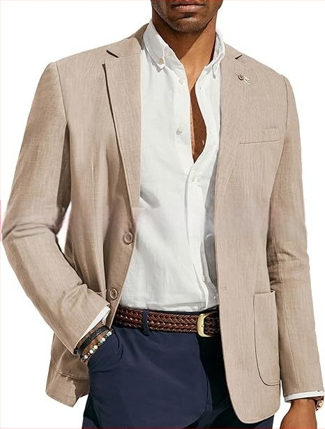 Amazon Ανδρικό Business Casual Λινό Κοστούμι Μονόχρωμο Στενή Εφαρμογή Μπουφάν Γάμου και Χορού στην Παραλία