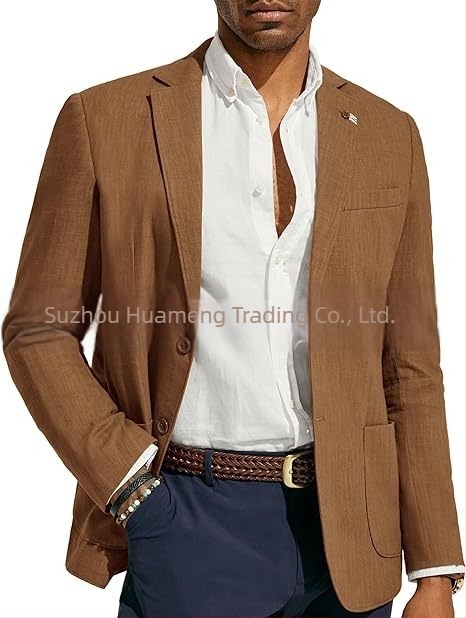Amazon Ανδρικό Business Casual Λινό Κοστούμι Μονόχρωμο Στενή Εφαρμογή Μπουφάν Γάμου και Χορού στην Παραλία