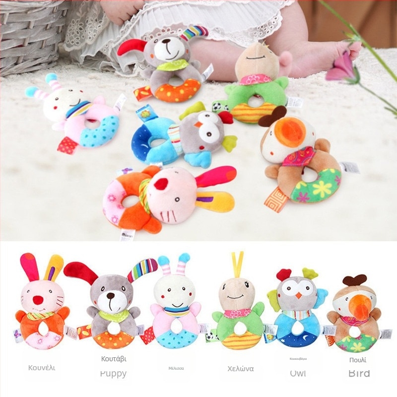 Bbsky Χαριτωμένο κινούμενο σχέδιο με ζώα, στρογγυλό βελούδινο παιχνίδι κουδουνίστρας για μωρά, για αισθήσεις