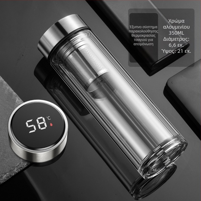 Έξυπνο ποτήρι νερού Διπλής στρώσης γυάλινο ποτήρι για τσάι, ανδρικό διαφανές ποτήρι νερού με ζεστή οθόνη και διαχωρισμό νερού, μονωτικό ποτήρι νερού για τσάι