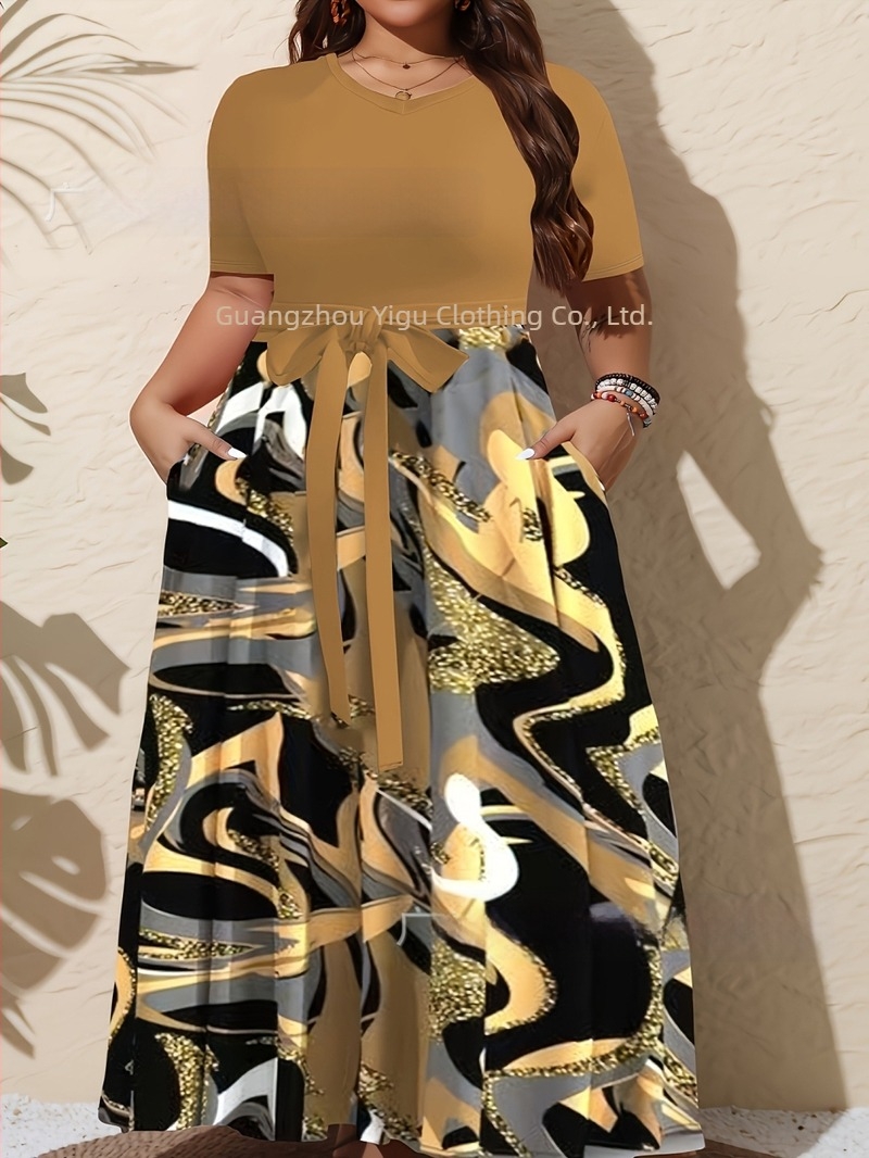 Amazon Takeaway Διασυνοριακό Νέο Ευρωπαϊκό και Αμερικανικό Μεγάλο Μέγεθος Casual Φόρεμα Γυναικείο Μεγεθυμένο Μοντέρνο Τυπωμένο Μακριά Φούστα σε Αντίθεση Χρωμάτων