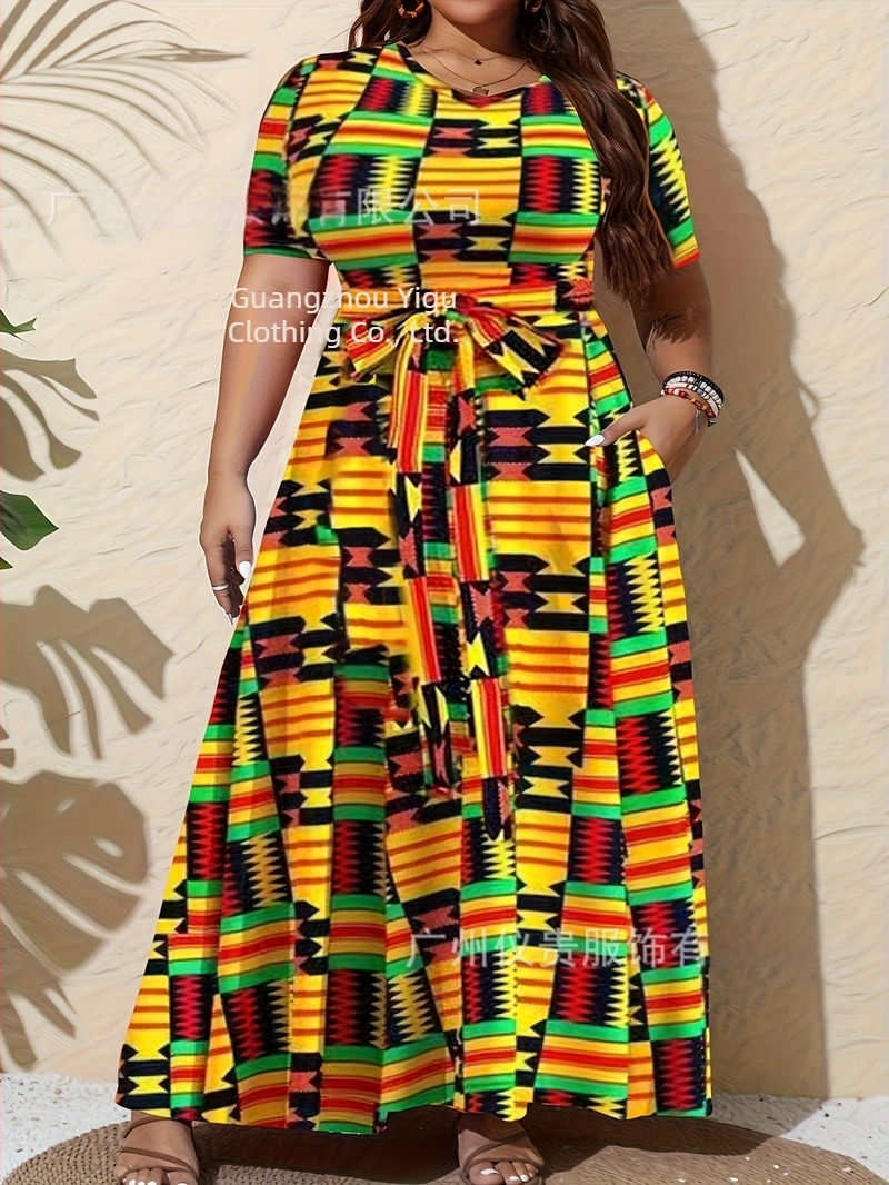 Amazon Takeaway Διασυνοριακό Νέο Ευρωπαϊκό και Αμερικανικό Μεγάλο Μέγεθος Casual Φόρεμα Γυναικείο Μεγεθυμένο Μοντέρνο Τυπωμένο Μακριά Φούστα σε Αντίθεση Χρωμάτων