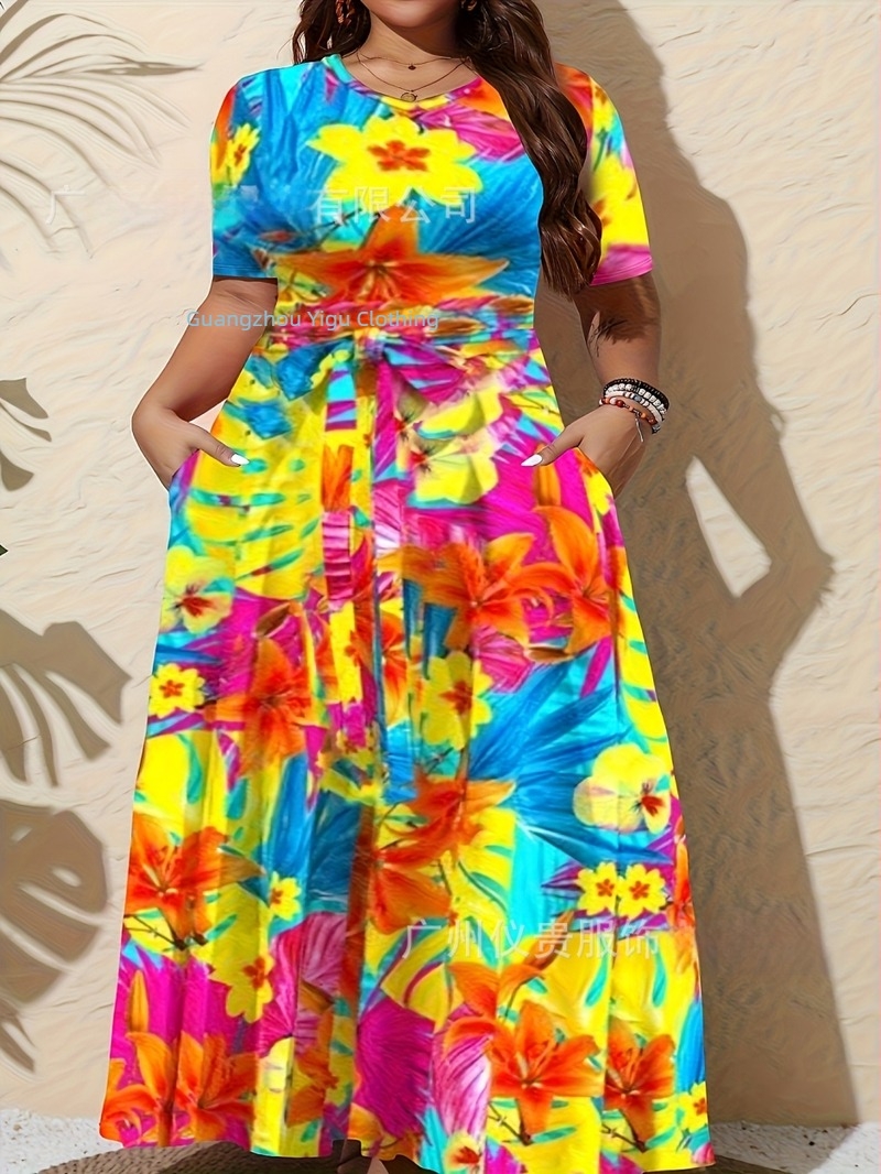 Amazon Takeaway Διασυνοριακό Νέο Ευρωπαϊκό και Αμερικανικό Μεγάλο Μέγεθος Casual Φόρεμα Γυναικείο Μεγεθυμένο Μοντέρνο Τυπωμένο Μακριά Φούστα σε Αντίθεση Χρωμάτων