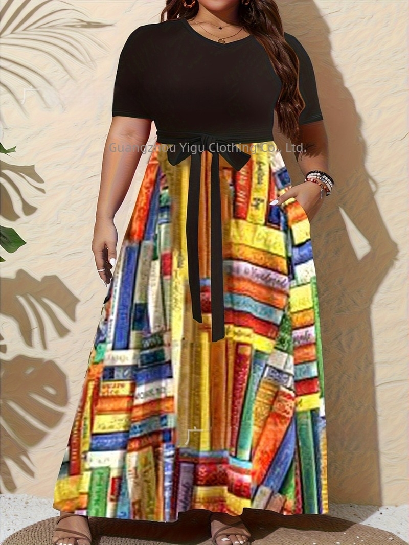 Amazon Takeaway Διασυνοριακό Νέο Ευρωπαϊκό και Αμερικανικό Μεγάλο Μέγεθος Casual Φόρεμα Γυναικείο Μεγεθυμένο Μοντέρνο Τυπωμένο Μακριά Φούστα σε Αντίθεση Χρωμάτων