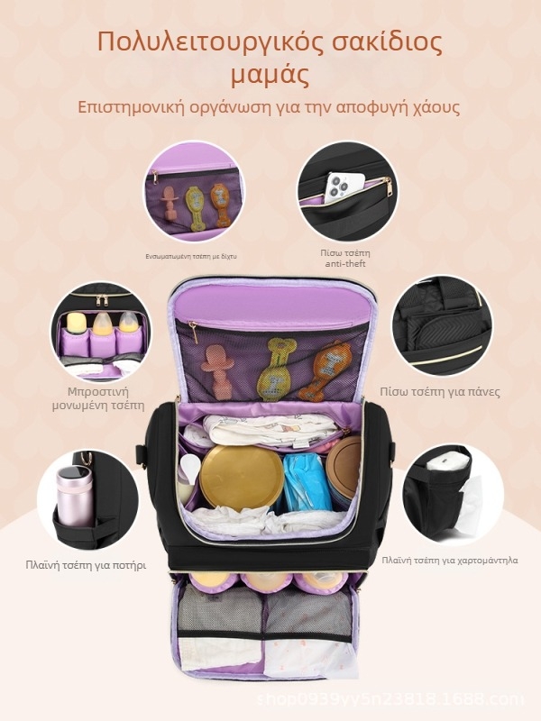 Τσάντα μεγάλης χωρητικότητας για μαμά, τσάντα για πάνες, τσάντα καροτσιού, μονωμένη τσάντα για μητέρα και μωρό με πτυσσόμενο χώρο αποθήκευσης για πάνες.