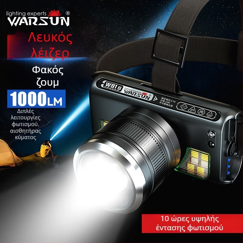 Wallson W91s Προβολέας με ζουμ, επαγωγή, τοποθετημένο στο κεφάλι, ισχυρός φόρτος φωτός, τηλεχειριστήριο, αδιάβροχο, εργασία, ψάρεμα