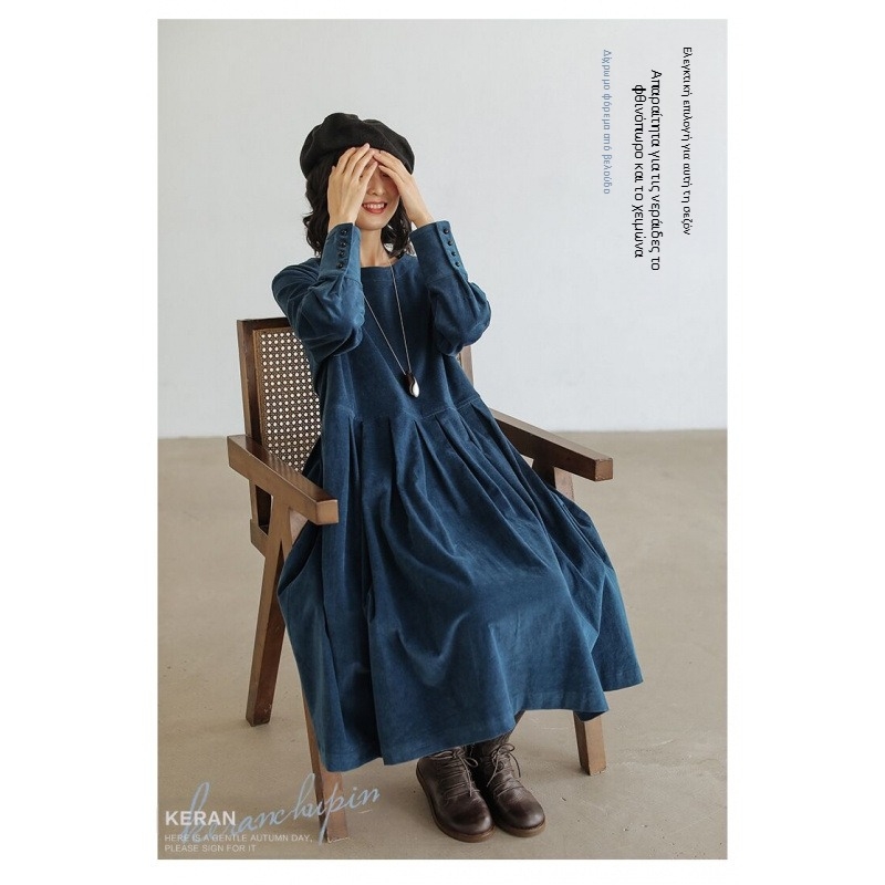 Καλλιτεχνικό φόρεμα από κοτλέ με καλλιτεχνική ιδιοσυγκρασία, φθινόπωρο, νέο 2025, μακριά φούστα με μακριά μανίκια, γυναίκες